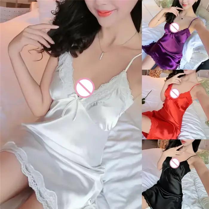 Robe de nuit sexy en satin pour femme, chemise de nuit à col en V, chemise de nuit en dentelle, vêtements de nuit pour femme