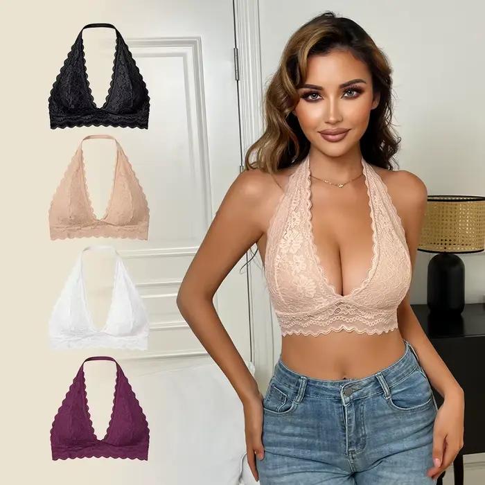 Soutien-gorge halter en dentelle pour femme, push-up et rehausseur, sans armatures, confortable, invisible et sans couture