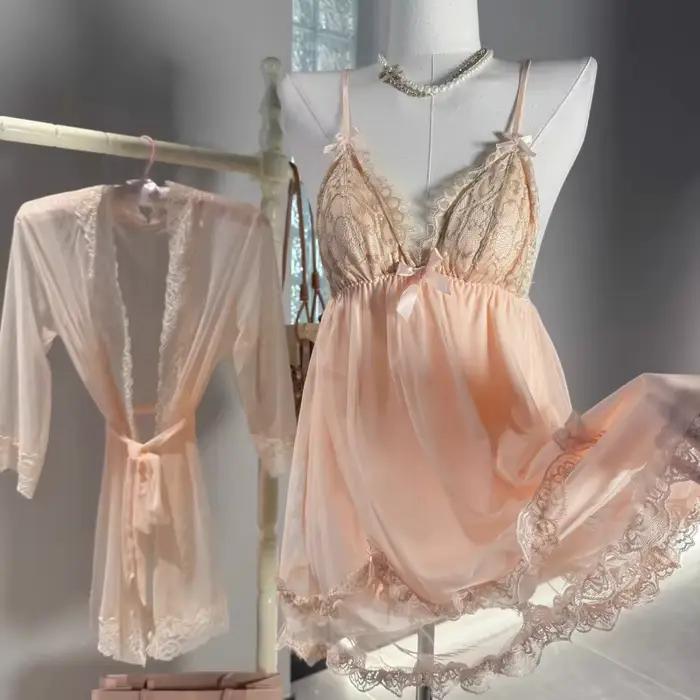 Chemise de nuit de rêve transparente en dentelle, avec coussinet de poitrine, Lingerie Sexy, robes de chambre pour femmes, pyjama, vêtements de détente pour dames