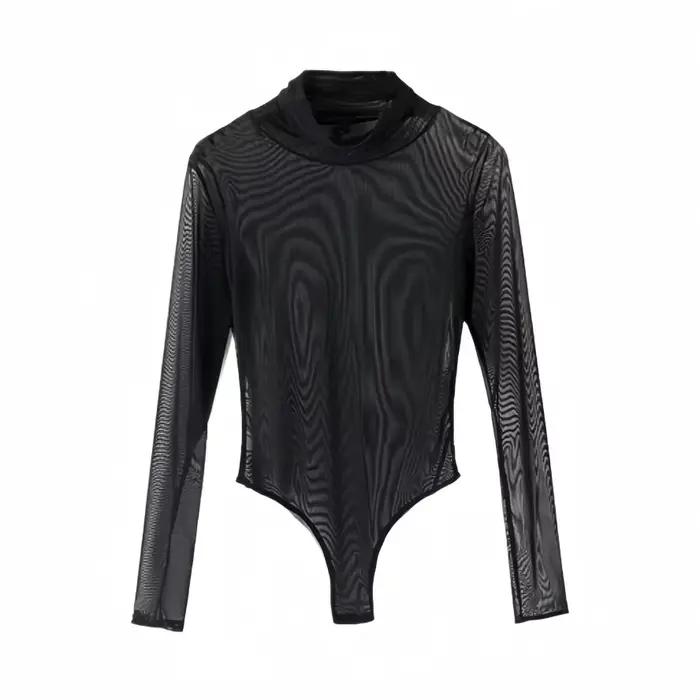 FREEAUCE NOUVEAU Body en maille transparente noire à manches longues pour femme, T-shirts, Lingerie sexy grande taille S-XXXL