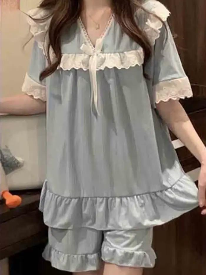 Pyjama ensembles femmes dentelle doux nœud princesse ample maison 5 couleurs mode tendre décontracté été Style japonais Vintage vêtements de nuit Chic