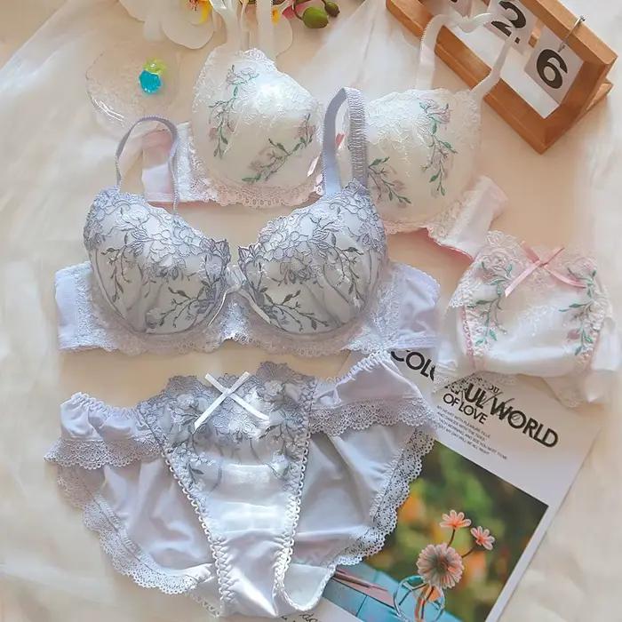 Ensemble de Lingerie en dentelle brodée florale pour femmes, mince et rond, pour la maison, avec anneau en acier, soutien-gorge, caleçon, costume