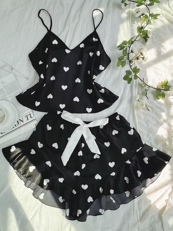 Pyjama mignon à imprimé cœur pour femme, ensemble haut à col en V et short, vêtements de détente sexy et tendance pour la maison