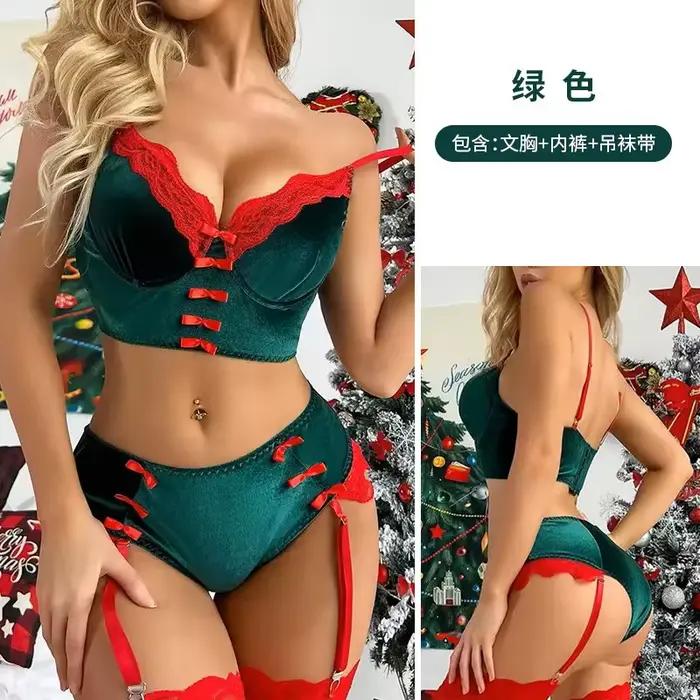 Ensemble de lingerie de Noël en velours pour femmes, sous-vêtements féminins, nœud papillon, dentelle, patchwork, festival de luxe, sexy, 2 pièces