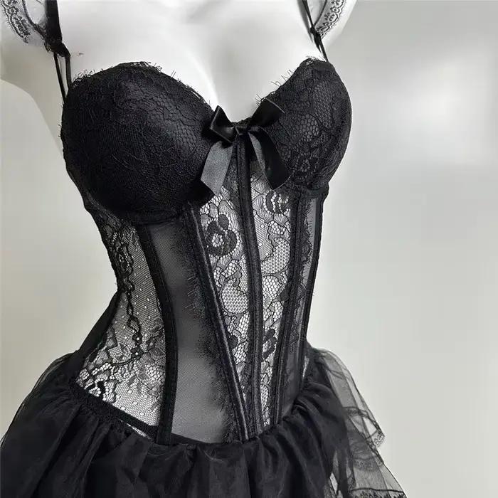 Lingerie érotique pour femmes, Corset Sexy en dentelle française, nouveau body froncé, élasticité, Push Up, matériau en maille, sous-vêtements Bustier