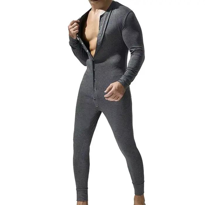 Hommes pyjamas combinaisons bouton vêtements de maison à manches longues confortable barboteuses Catsuit body décontracté ABDL adulte Onesie Couple
