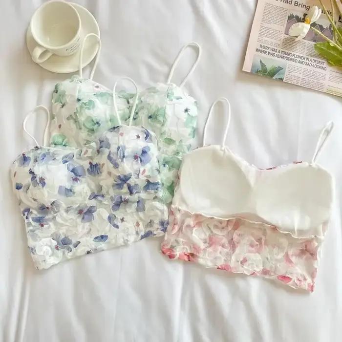 Crop top en dentelle pour femme, motif floral rose, soutien-gorge tube en maille, soutien-gorge dos nu, caraco sans couture avec coussinets de poitrine, débardeur sexy, lingerie douce