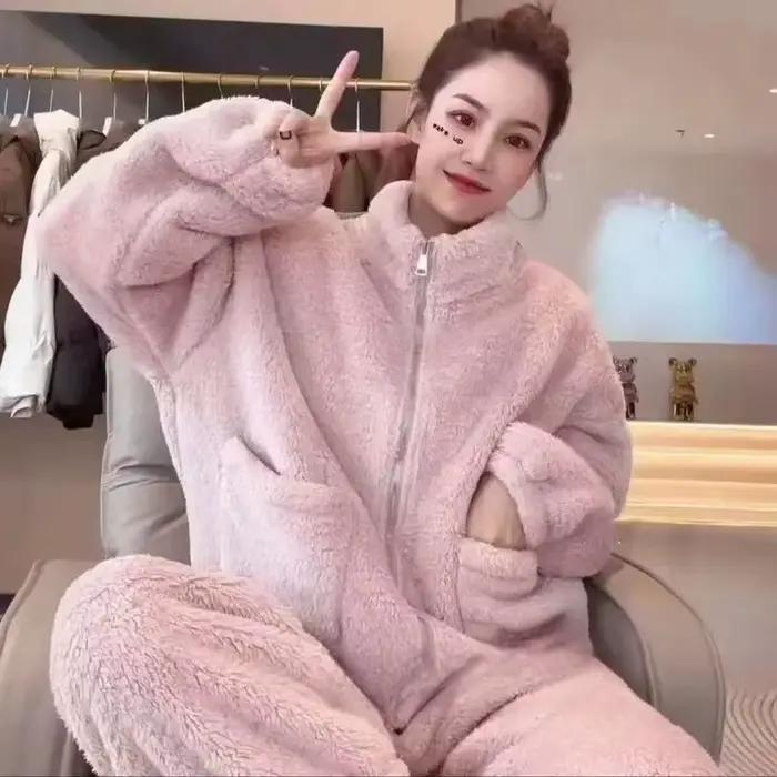 Ensemble pyjama chaud pour femmes, vêtements de nuit en molleton de corail, flanelle, Cardigan épais à fermeture éclair, costumes de maison décontractés, automne et hiver
