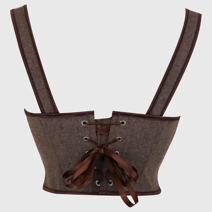 Corset vintage marron sous-poitrine à lacets pour femme, style rétro Cottagecore Steampunk