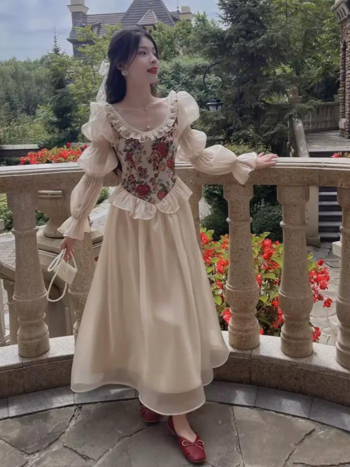 Elegantní vintage květinové šaty pro ženy 2023 podzim kulatý výstřih ležérní večerní