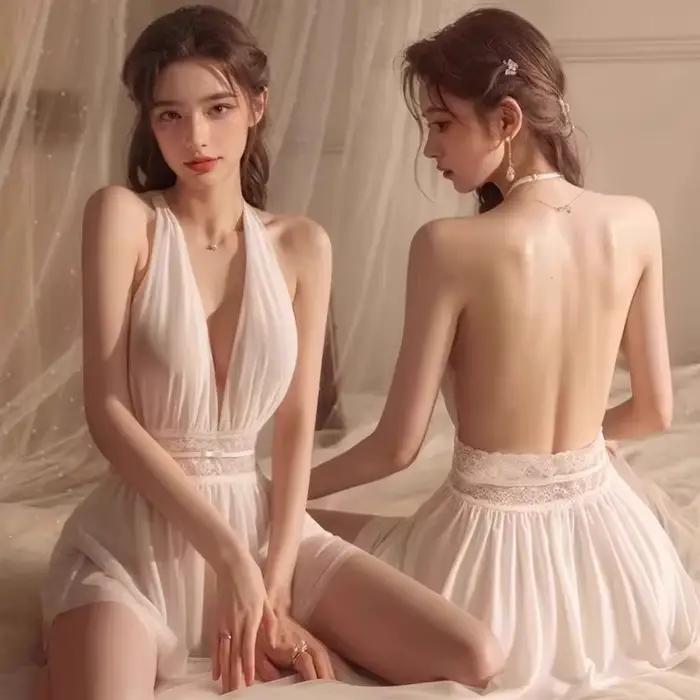 Lingerie sexy en mousseline à épaules dénudées, robe dos nu à décolleté plongeant, pyjamas, uniformes, chemises de nuit transparentes, lingerie élégante.