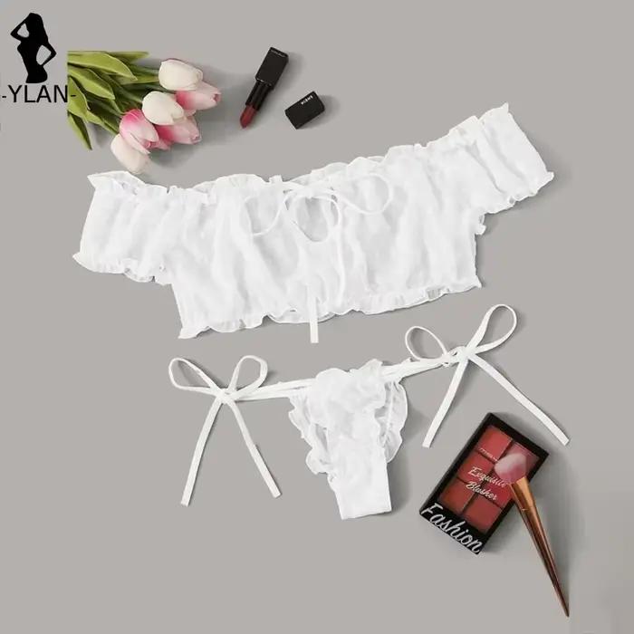 Ensemble de lingerie sexy pour femme en maille, soutien-gorge à épaules dénudées avec volants, culotte transparente à pois, string et bandeaux – Lenceria Intimates