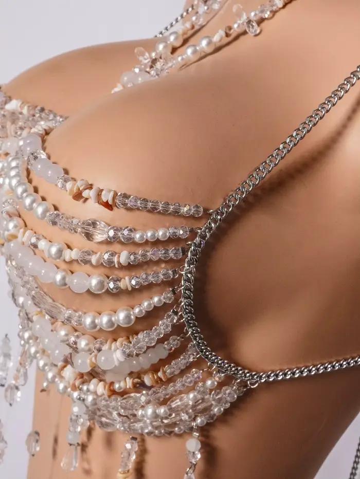 Soutien-gorge en cristal fait à la main, col licou, perles transparentes, franges superposées, harnais, Bralette, col perlé, vêtements de plage de mariée