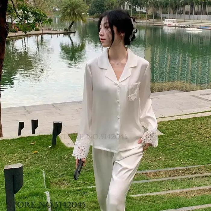 Ensemble de pyjamas de luxe pour femmes, vêtements de nuit élégants en satin de soie blanc avec dentelle, tenue décontractée ample pour la maison