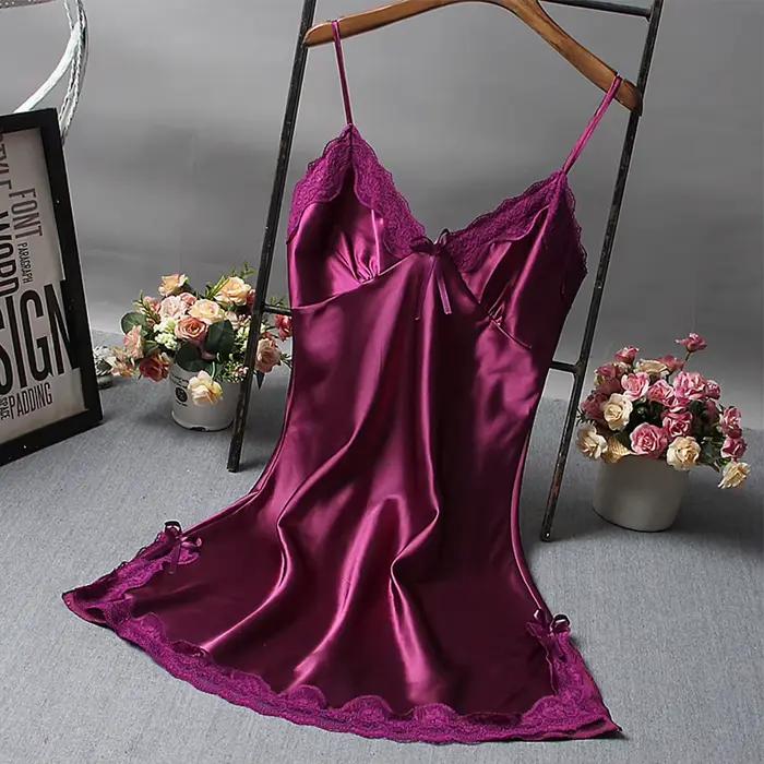 Offre spéciale femmes Sexy Satin chemise de nuit dentelle vêtements de nuit pour Lingerie vêtements de nuit dames Mini Robe courte Robe de nuit