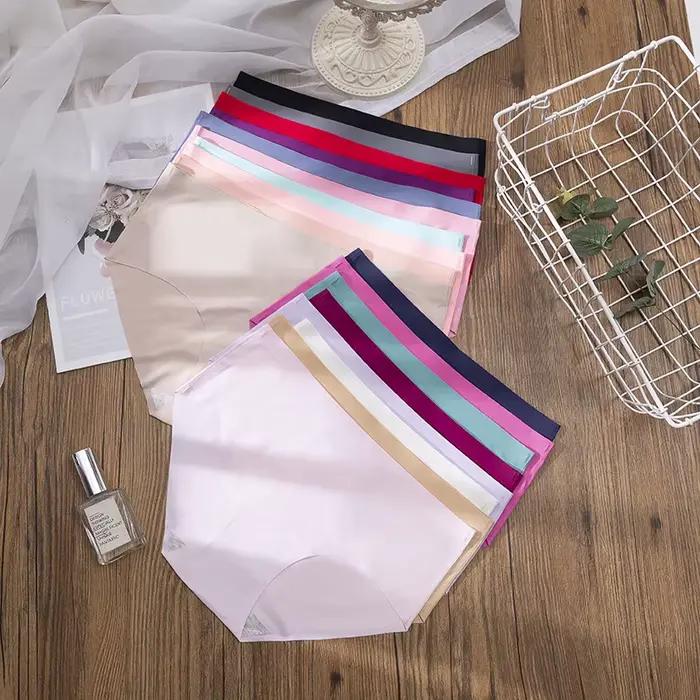 3 pièces grande taille sous-vêtements femmes culottes glace soie couleur unie dames sans couture sous-vêtements filles slips souffle Sexy Lingerie femme