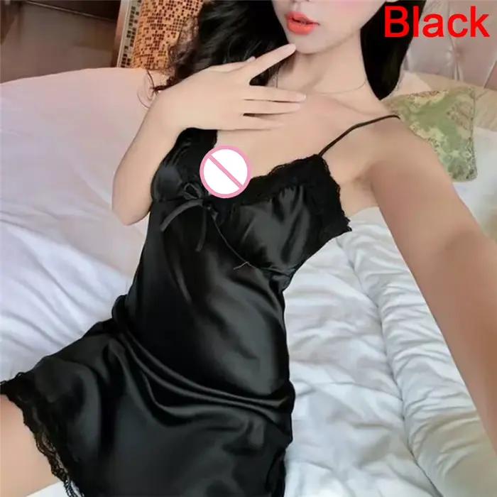 Robe de nuit sexy en satin pour femme, chemise de nuit à col en V, chemise de nuit en dentelle, vêtements de nuit pour femme