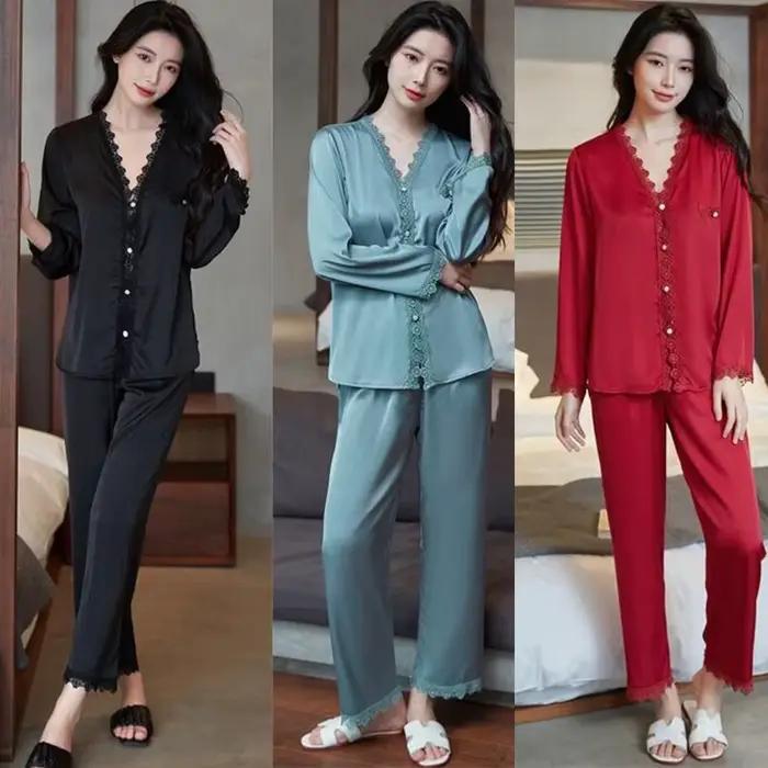 Ensemble de pyjamas en satin sexy pour femmes, vêtements de nuit décontractés, vêtements de détente soyeux, vêtements de nuit monochromes, chemise et pantalon de peignoir, printemps, nouveau, 2 pièces