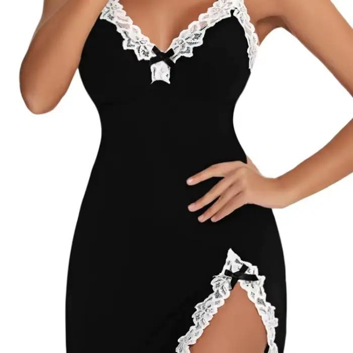 Pyjama Sexy en dentelle pour femmes, nuit d'été, col en v, sous-vêtements de poupée entièrement antidérapants, chemise de nuit
