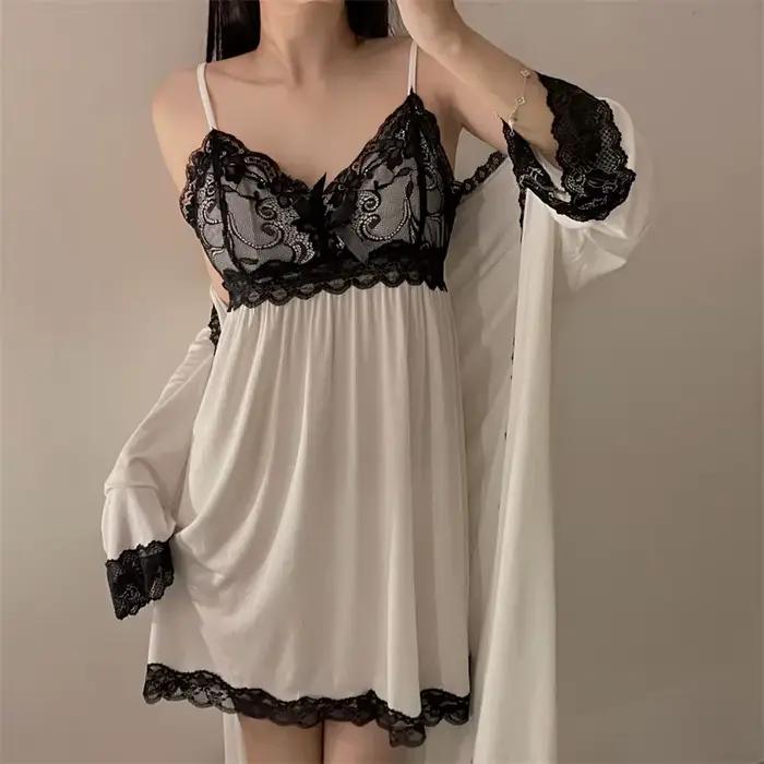 Modal chemises de nuit femmes automne hiver vêtements de nuit deux pièces ensemble dentelle Sexy à manches longues vêtements de maison décontracté dames chemise de nuit