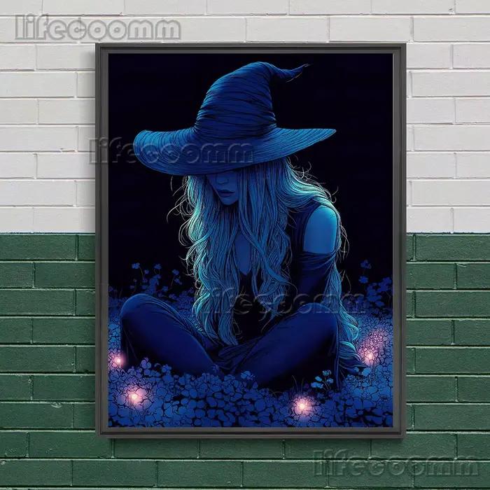 Peinture sur toile d'art mural abstrait de sorcière de nuit solitaire, affiche d'art d'illustration d'esthétique de sorcellerie païenne et décoration de maison imprimée