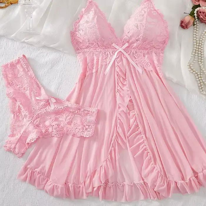 Costume à bretelles d'été, chemise de nuit Ultra-fine, ensemble string en dentelle, pyjama Sexy pour femmes, Lingerie, robe de nuit chaude, vêtements de nuit confortables