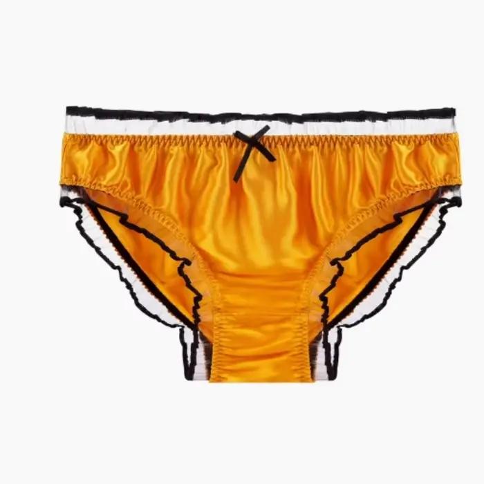 Sous-vêtements unisexes en soie de mûrier, slip lisse à volants, Sexy, confortable, doux et brillant, culotte érotique pour Couples, Lingerie solide avec nœud