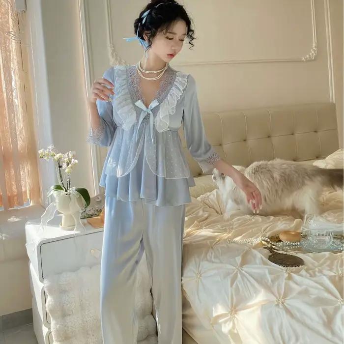 Ensemble pyjama en dentelle à manches longues pour femme, Lingerie printemps-automne, Satin soyeux, vêtements de nuit imprimés, vêtements de détente