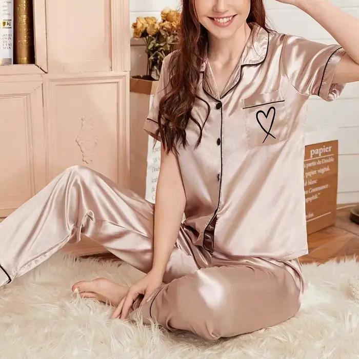Ensemble de pyjama en satin pour femme, vêtements de nuit luxueux, manches longues, pantalon en Y, poche en forme de cœur, 2 pièces, automne