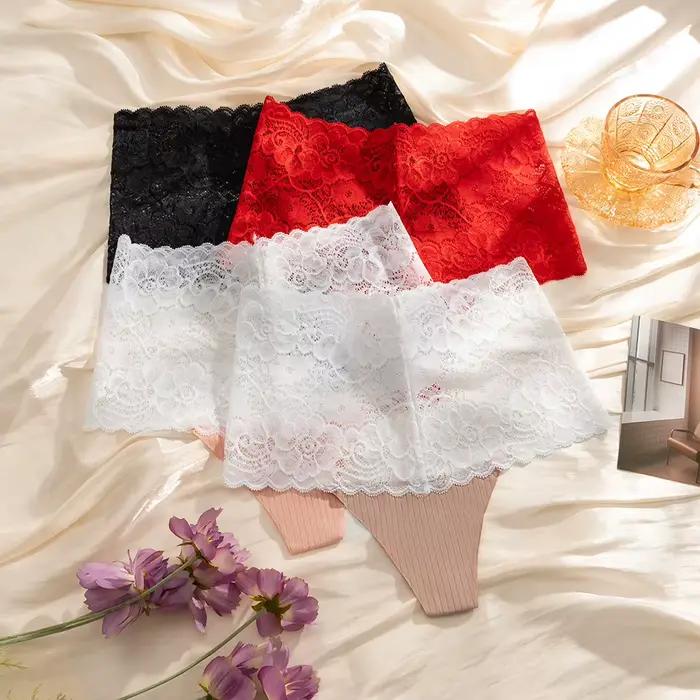 Giczi String transparent en dentelle florale pour femme, sexy, ajouré, à rayures unies, respirant, lingerie taille haute