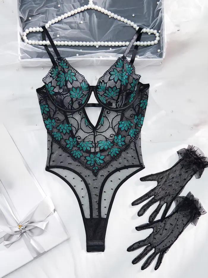 Diccvicc Body femme élégant avec gants voir à travers la dentelle florale Body sexy Lingerie ensemble de sous-vêtements intimes vêtements féminins