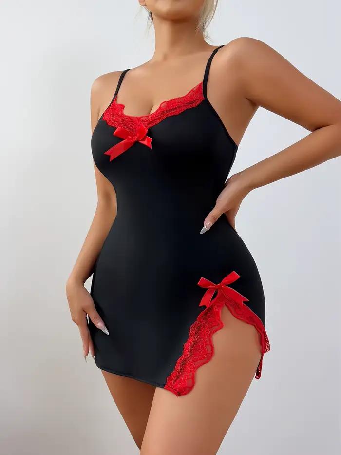 Chemise de nuit sexy d'été pour femme, confortable, noire, avec dentelle, col en V, fente latérale, bretelles, vêtements de nuit
