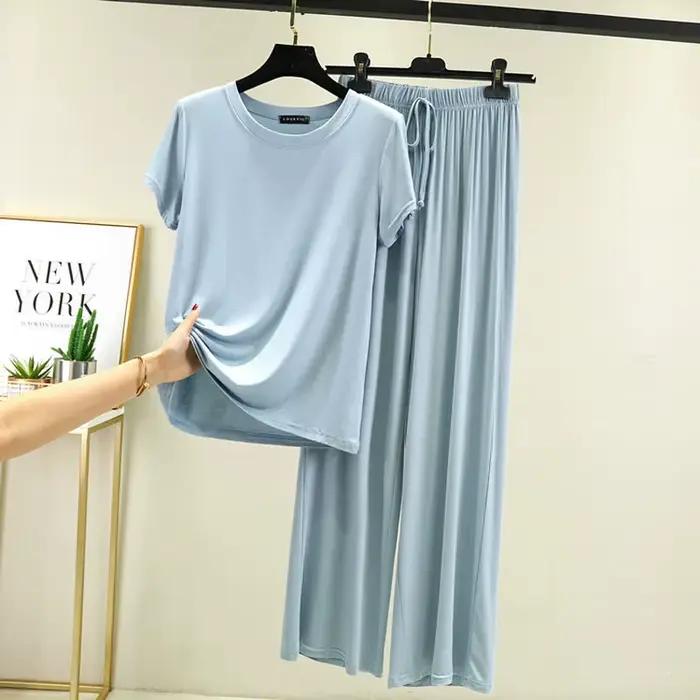 Pyjama en coton modal à manches courtes pour femmes, vêtements d'été minces, pantalons décontractés en titane, vêtements de maison amples, deux pièces