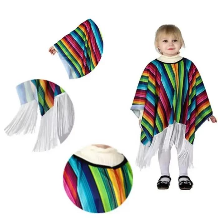 Poncho mexicain pour enfants, cape à rayures colorées avec franges, déguisement d'Halloween pour enfants, fête mexicaine, carnaval, cosplay