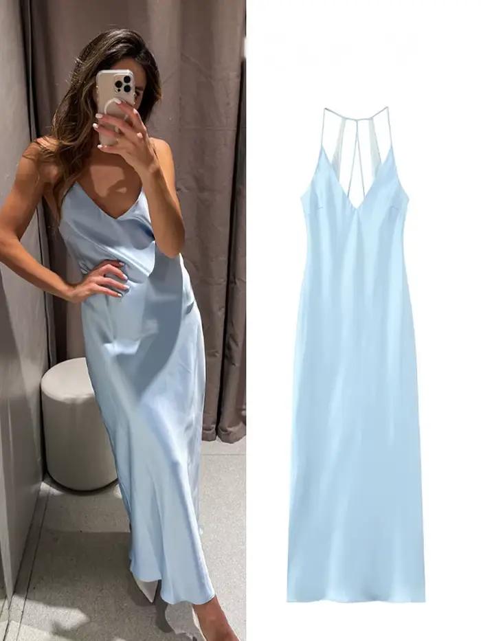 Robe en polyester sexy et chic col en V sans manches longueur cheville pour femmes occasions spéciales printemps été