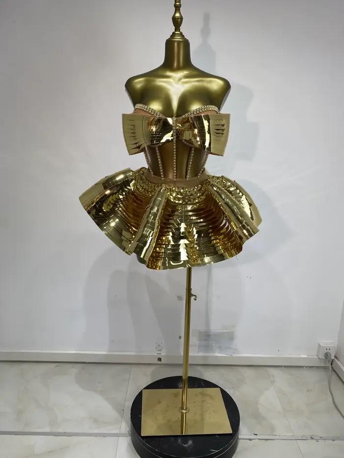 Costumes de danseuse de discothèque, Bustier miroir doré, haut Corset et Mini jupe bouffante, 2 pièces, tenues de soirée Sexy Ses Y2k