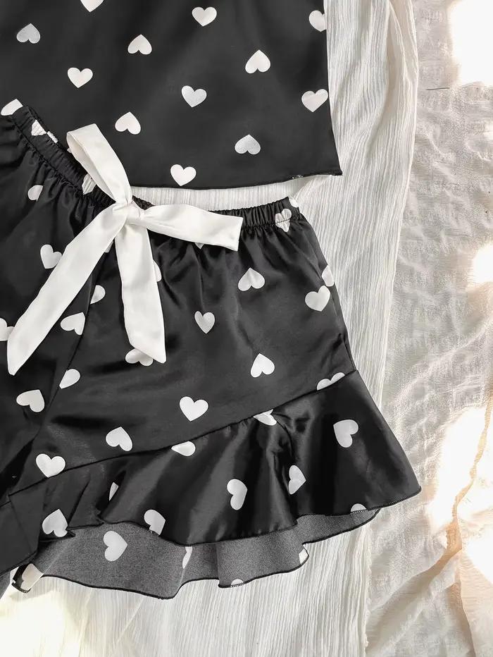 Pyjama mignon à imprimé cœur pour femme, ensemble haut à col en V et short, vêtements de détente sexy et tendance pour la maison