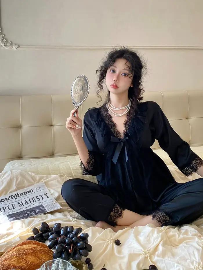 Ensemble pyjama en dentelle à manches longues pour femme, Lingerie printemps-automne, Satin soyeux, vêtements de nuit imprimés, vêtements de détente