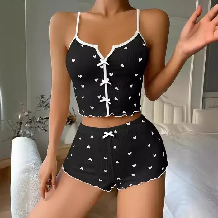 Ensemble haut et short à imprimé cœur pour femmes, vêtements de nuit, pyjamas, lingerie sexy, col en V, fibre, camisole décontractée, vêtements de détente