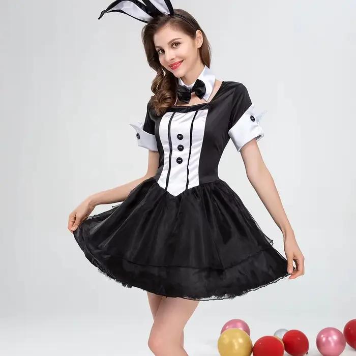 Costume de cosplay de lapine noire et blanche pour femme 2026 – Tenue de performance pour soirée, boîte de nuit, spectacle sur scène – Vente en gros de costumes à thème