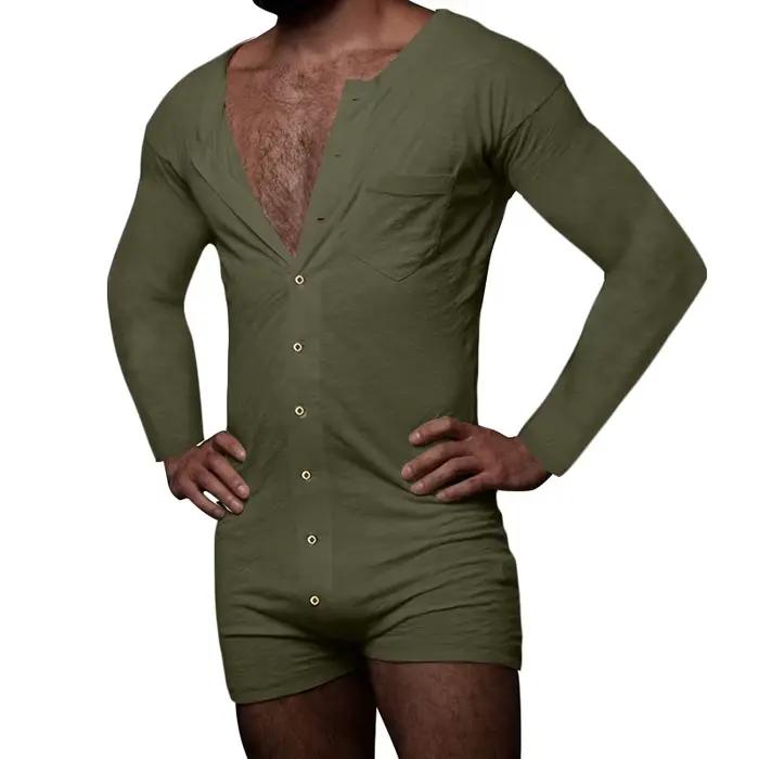 Barboteuse pyjama pour hommes, couleur unie, col rond, manches longues, boutons, combinaisons, vêtements de maison, respirant, fin, 2025