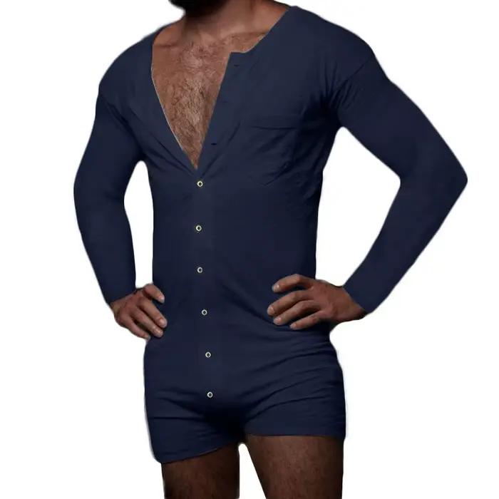 Barboteuse pyjama pour hommes, couleur unie, col rond, manches longues, boutons, combinaisons, vêtements de maison, respirant, fin, 2025