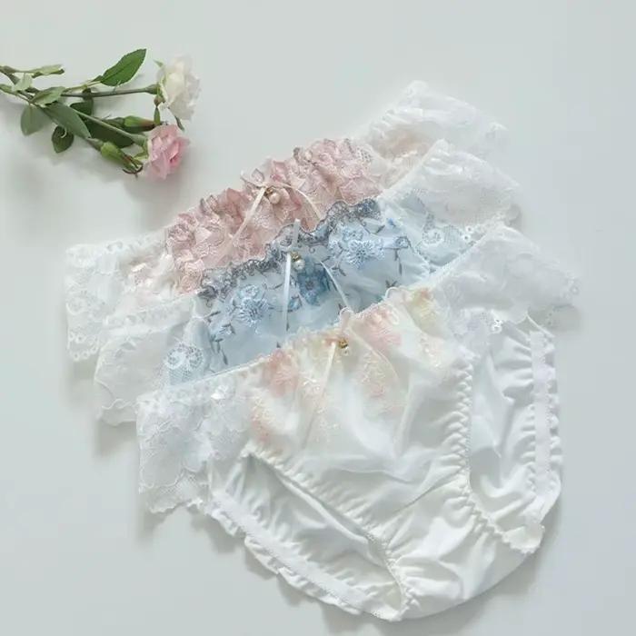 Culottes en dentelle pour femme avec nœud, entrejambe en coton, broderie douce, taille mi-haute en maille, sous-vêtements féminins