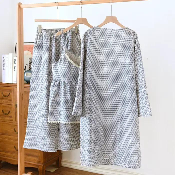Pyjama en pansement 2023 coton pour femme, robe à manches longues, haut licou, pantalon, ensemble trois pièces, bretelles avec coussinets de poitrine