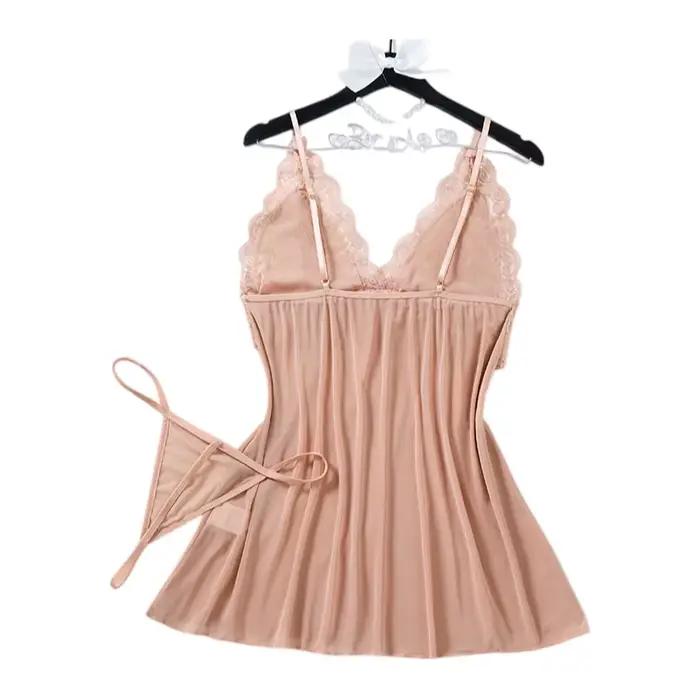 Robe de lingerie sexy pour femme, nuisette transparente en dentelle et maille, unie, coupe ajustée, col en V, vêtement de nuit d'été, chemise de nuit