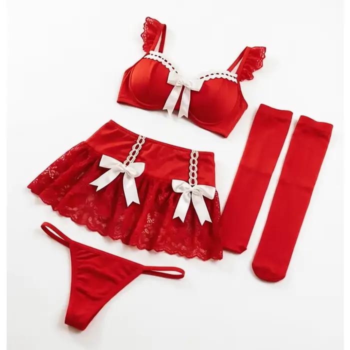 Ensemble de lingerie sexy en dentelle rouge pour femme et ensemble de lingerie en satin avec soutien-gorge à découpes et bretelles à nœud et string avec bas – Tenue de nuit romantique