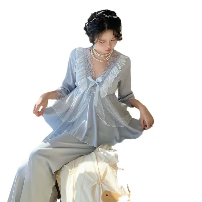Ensemble pyjama en dentelle à manches longues pour femme, Lingerie printemps-automne, Satin soyeux, vêtements de nuit imprimés, vêtements de détente