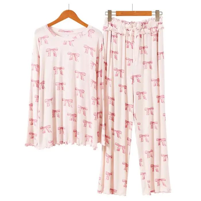 Pyjama confortable de style japonais en modal doux, ensemble de vêtements de nuit à manches longues/bretelles et pantalon, tenue d'intérieur avec imprimé nœud mignon