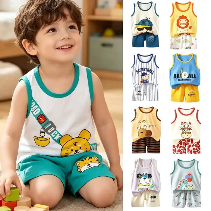 Ensemble de pyjamas pour garçons de 1 à 6 ans, en coton, été, pyjama pour tout-petits, sans manches, ensembles pour enfants, hauts + shorts, tenues en deux pièces