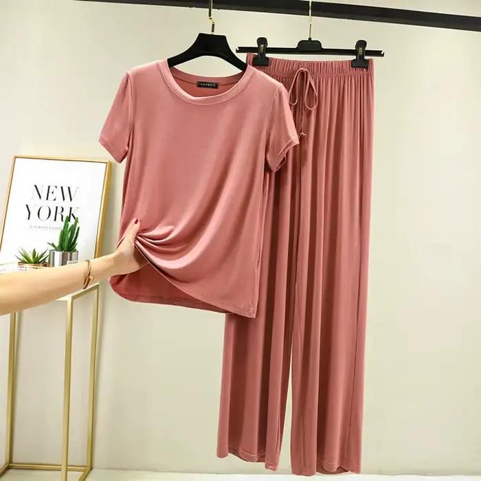 Pyjama en coton modal à manches courtes pour femmes, vêtements d'été minces, pantalons décontractés en titane, vêtements de maison amples, deux pièces
